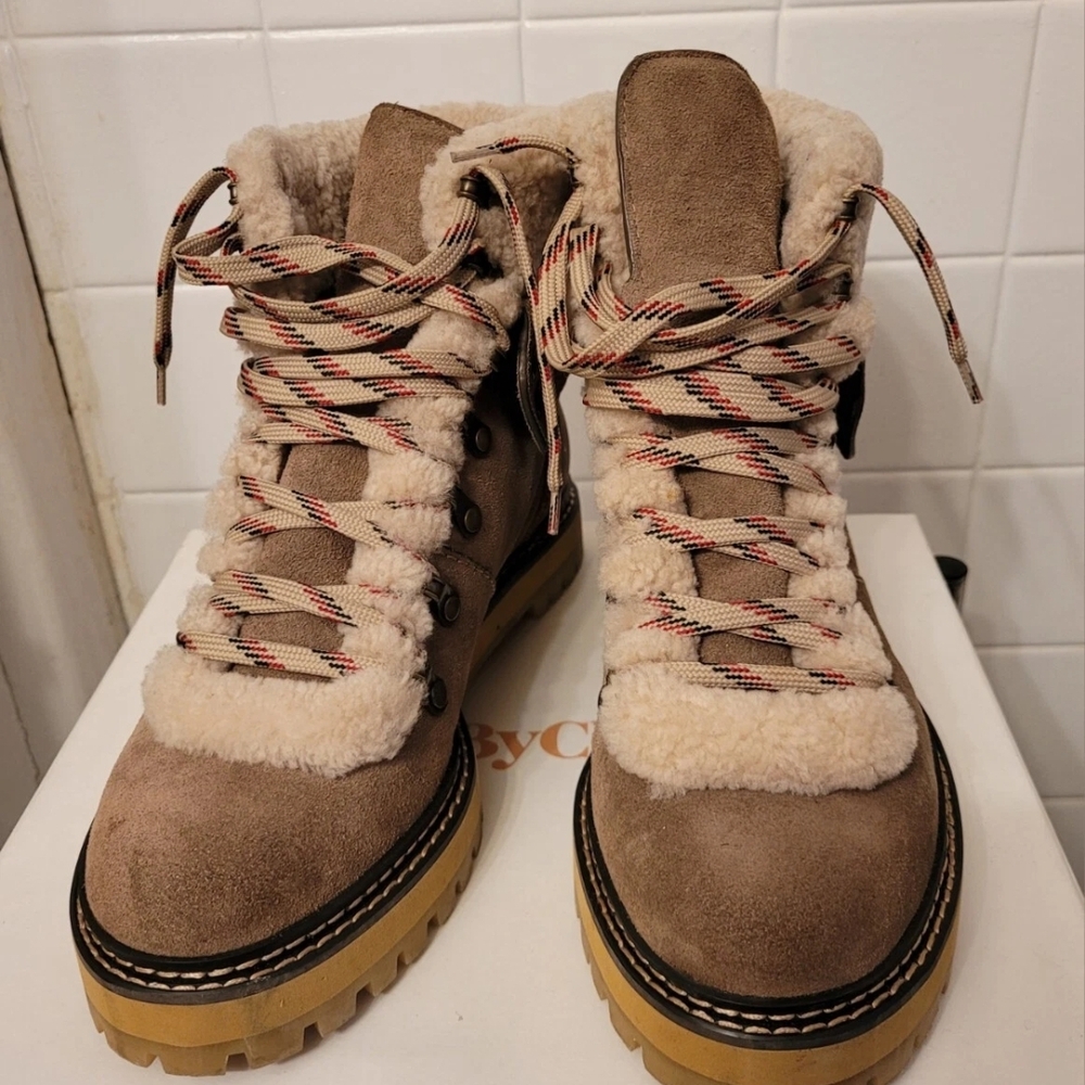 Authentic See By Chloe Tan and Cream Womens Winter Boots with Sturdy Soles